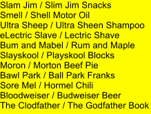 Slam Jim / Slim Jim Snacks Smell / Shell Motor Oil Ultra Sheep / Ultra Sheen Shampoo eLectric Slave / Lectric Shave Bum and Mabel / Rum and Maple Slayskool / Playskool Blocks Moron / Morton Beef Pie Bawl Park / Ball Park Franks Sore Mel / Hormel Chili Bloodweiser / Budweiser Beer The Clodfather / The Godfather Book