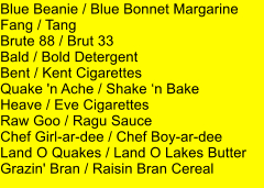 Blue Beanie / Blue Bonnet Margarine Fang / Tang Brute 88 / Brut 33 Bald / Bold Detergent Bent / Kent Cigarettes Quake 'n Ache / Shake n Bake Heave / Eve Cigarettes Raw Goo / Ragu Sauce Chef Girl-ar-dee / Chef Boy-ar-dee Land O Quakes / Land O Lakes Butter Grazin' Bran / Raisin Bran Cereal