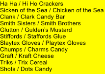 Ha Ha / Hi Ho Crackers Sicken of the Sea / Chicken of the Sea Clank / Clark Candy Bar Smith Sisters / Smith Brothers Glutton / Guldens Mustard Stiffords / Staffords Glue Slaytex Gloves / Playtex Gloves Chumps / Charms Candy Graft / Kraft Cheese Triks / Trix Cereal Shots / Dots Candy