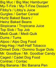 Big Muc / Big Mac Hamburger My-T-Fink / My-T-Fine Dessert Fibby's / Libbys Juice Gurgles / Gerber Cereal Hurtz Baked Bears /  Heinz Baked Beans Slopicana / Tropicana Juice Top Slob / Top Job Medi-Quak / Medi-Quik Dums / Tums Alpoo / Alpo Dog Food Hag-Hag / Half-Half Tobacco Dimwit Dots / Domino Sugar Dots Mr. Goodbye / Mr. Goodbar Candy Caged / Cadet Dog Food Contrac / Contac Big Banana / Bic Banana Pen