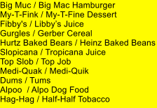 Big Muc / Big Mac Hamburger My-T-Fink / My-T-Fine Dessert Fibby's / Libbys Juice Gurgles / Gerber Cereal Hurtz Baked Bears / Heinz Baked Beans Slopicana / Tropicana Juice Top Slob / Top Job Medi-Quak / Medi-Quik Dums / Tums Alpoo  / Alpo Dog Food Hag-Hag / Half-Half Tobacco