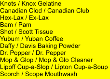 Knots / Knox Gelatine Canadian Clod / Canadian Club Hex-Lax / Ex-Lax Bam / Pam Shot / Scott Tissue Yubum / Yuban Coffee Daffy / Davis Baking Powder Dr. Popper / Dr. Pepper Mop & Glop / Mop & Glo Cleaner Lipoff Cup-a-Slop / Lipton Cup-a-Soup Scorch / Scope Mouthwash